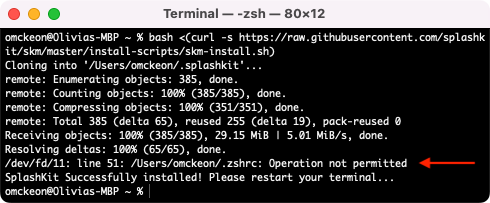 Terminal window showing Operation not permitted for .zshrc file