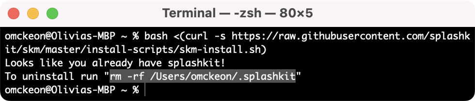 Terminal window showing splashkit already installed